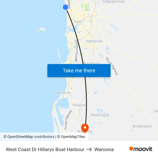 West Coast Dr Hillarys Boat Harbour to Waroona map
