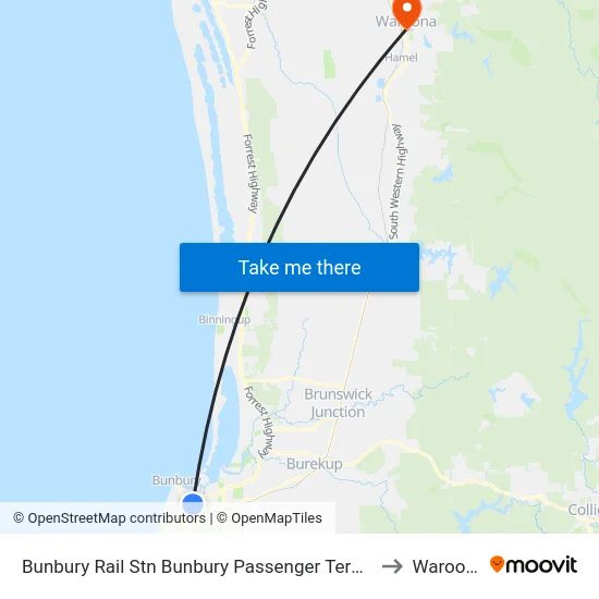 Bunbury Rail Stn Bunbury Passenger Terminal to Waroona map