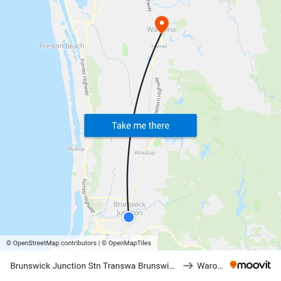 Brunswick Junction Stn Transwa Brunswick Junction to Waroona map