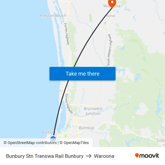 Bunbury Stn Transwa Rail Bunbury to Waroona map