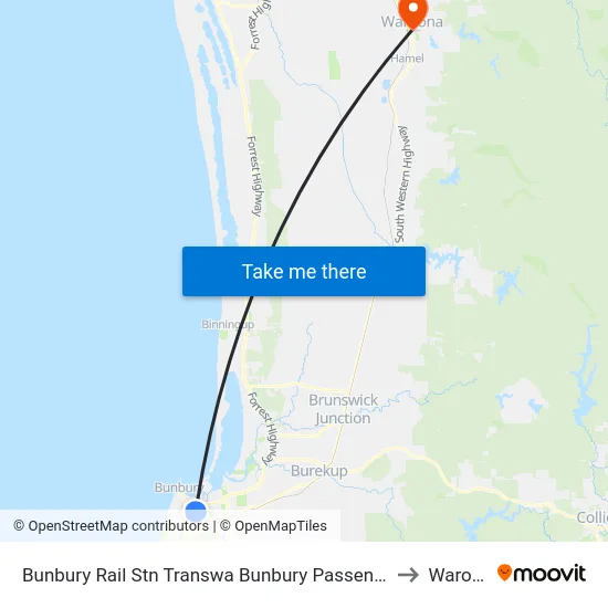 Bunbury Rail Stn Transwa Bunbury Passenger Terminal to Waroona map