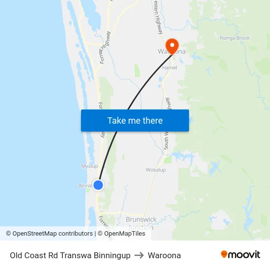 Old Coast Rd Transwa Binningup to Waroona map