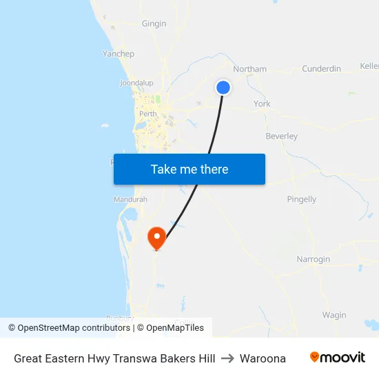 Great Eastern Hwy Transwa Bakers Hill to Waroona map