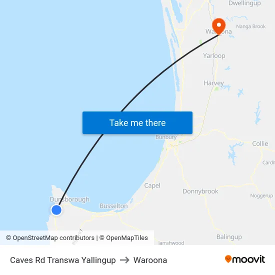 Caves Rd Transwa Yallingup to Waroona map