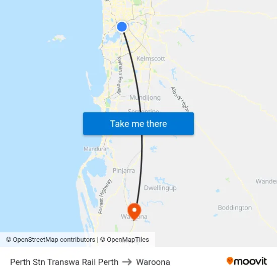 Perth Stn Transwa Rail Perth to Waroona map