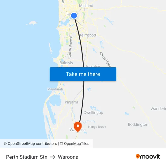 Perth Stadium Stn to Waroona map