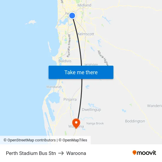 Perth Stadium Bus Stn to Waroona map