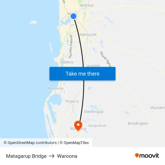 Matagarup Bridge to Waroona map