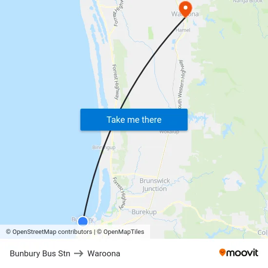 Bunbury Bus Stn to Waroona map