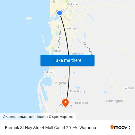 Barrack St Hay Street Mall Cat Id 20 to Waroona map