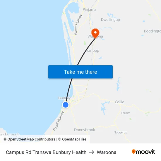 Campus Rd Transwa Bunbury Health to Waroona map