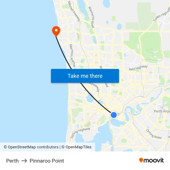 Perth to Pinnaroo Point map