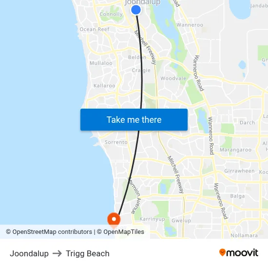 Joondalup to Trigg Beach map