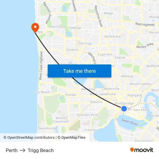 Perth to Trigg Beach map