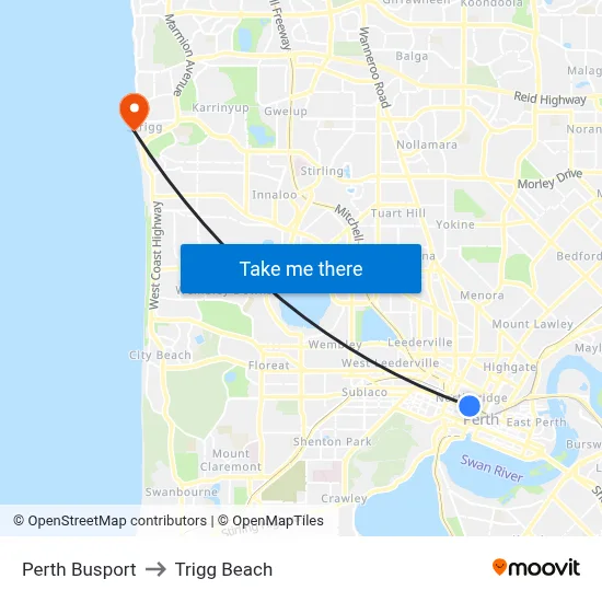 Perth Busport to Trigg Beach map