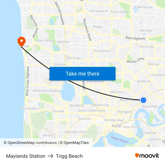 Maylands Station to Trigg Beach map