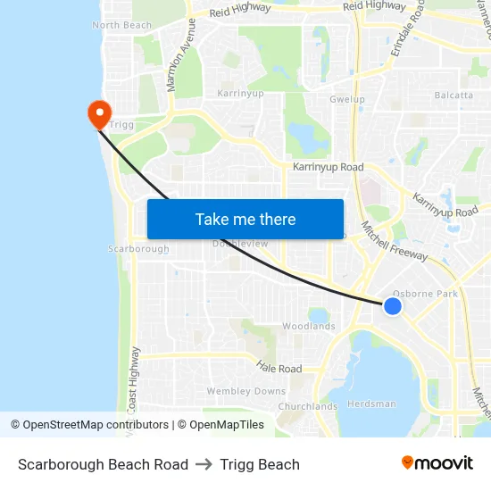 Scarborough Beach Road to Trigg Beach map