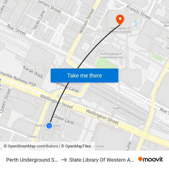 Perth Underground Station to State Library Of Western Australia map