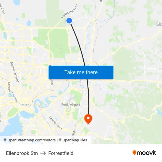 Ellenbrook Stn to Forrestfield map