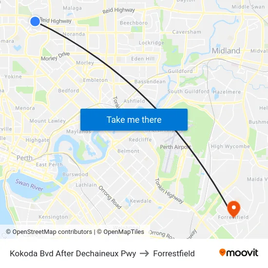 Kokoda Bvd After Dechaineux Pwy to Forrestfield map