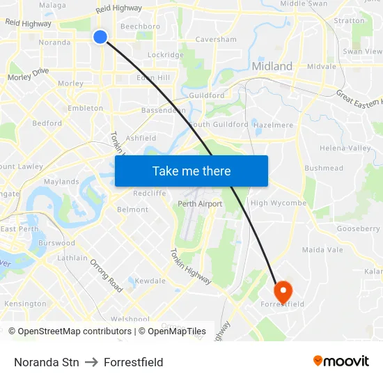 Noranda Stn to Forrestfield map