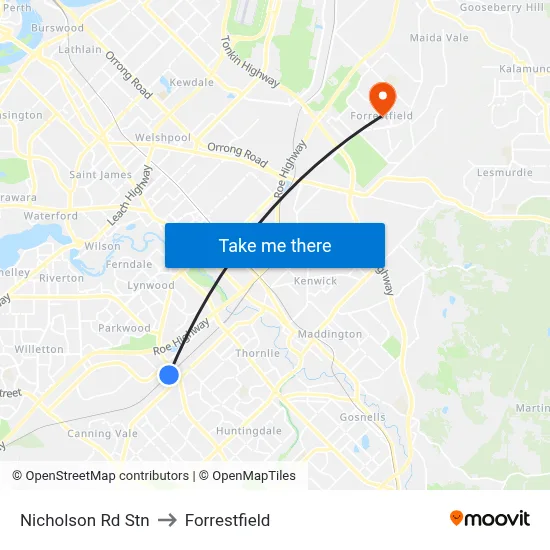 Nicholson Rd Stn to Forrestfield map
