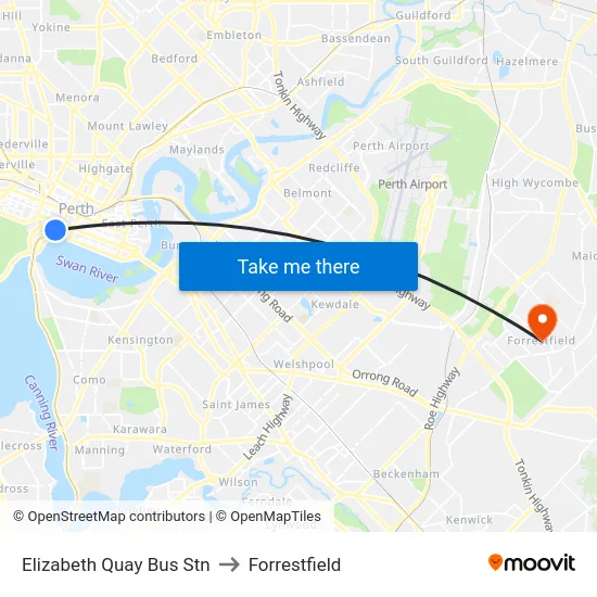 Elizabeth Quay Bus Stn to Forrestfield map