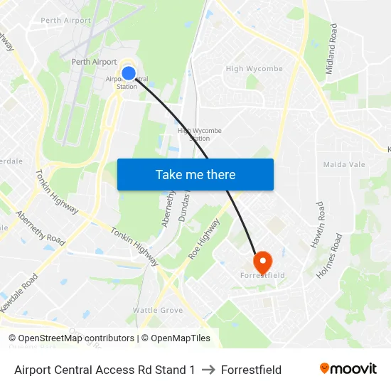 Airport Central Access Rd Stand 1 to Forrestfield map