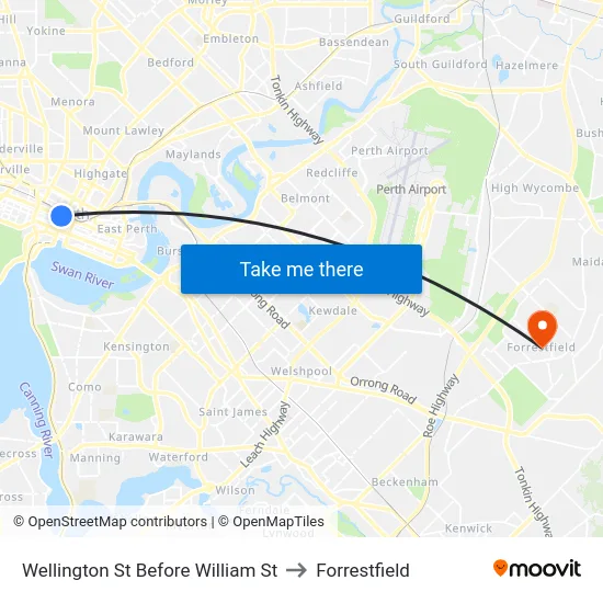 Wellington St Before William St to Forrestfield map