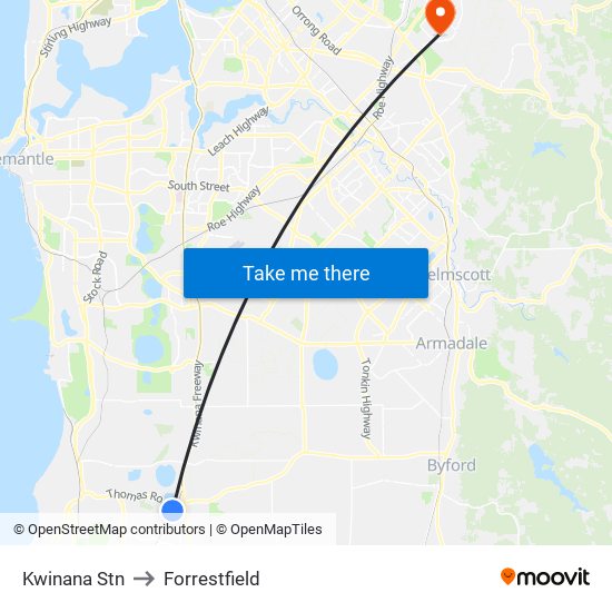 Kwinana Stn to Forrestfield map