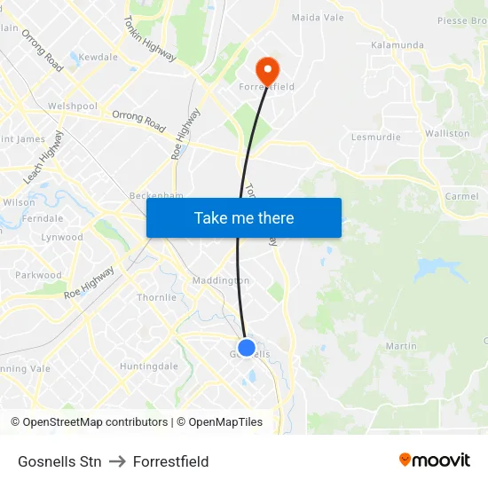 Gosnells Stn to Forrestfield map