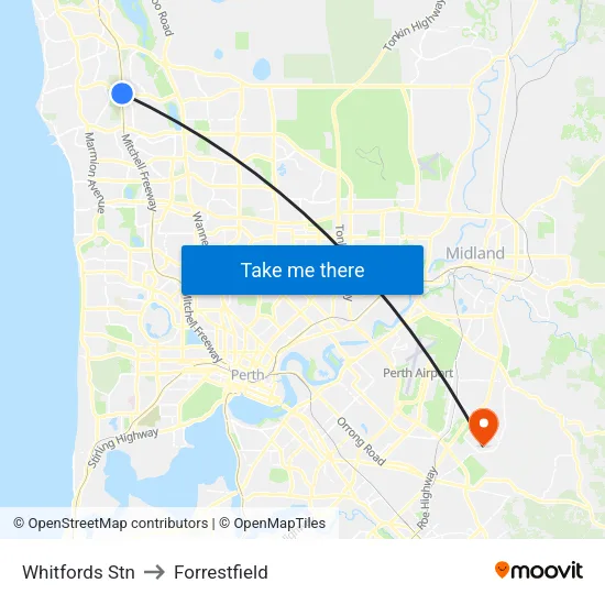 Whitfords Stn to Forrestfield map