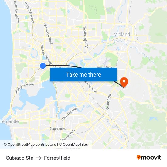 Subiaco Stn to Forrestfield map