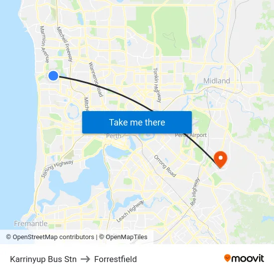 Karrinyup Bus Stn to Forrestfield map