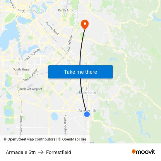 Armadale Stn to Forrestfield map
