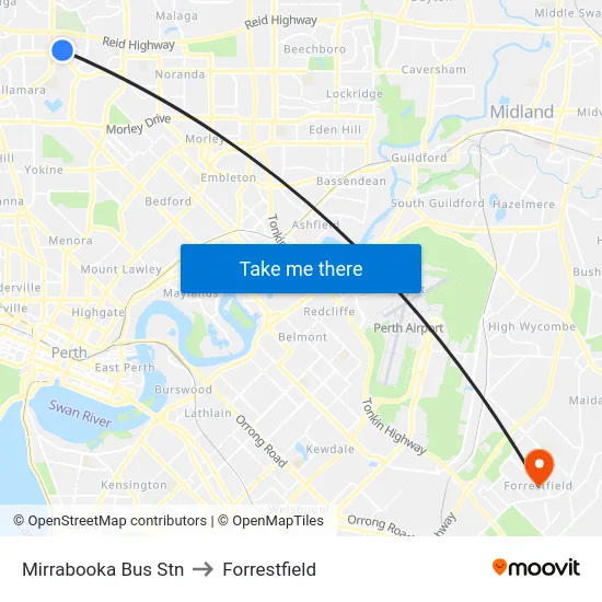 Mirrabooka Bus Stn to Forrestfield map