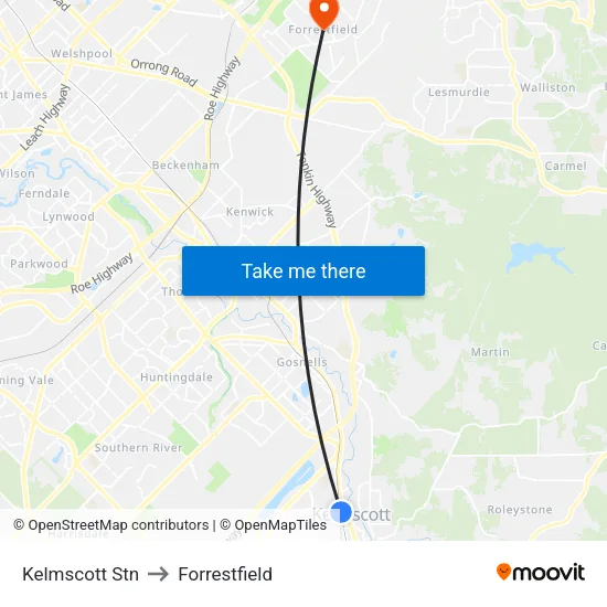 Kelmscott Stn to Forrestfield map