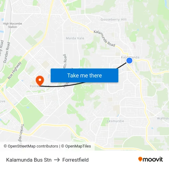Kalamunda Bus Stn to Forrestfield map