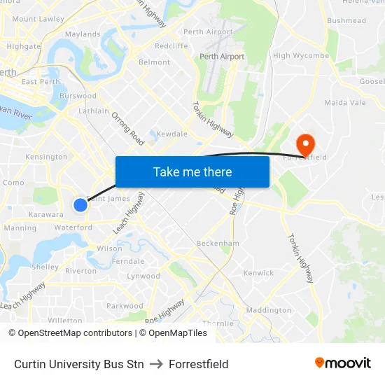Curtin University Bus Stn to Forrestfield map