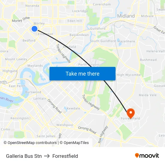 Galleria Bus Stn to Forrestfield map