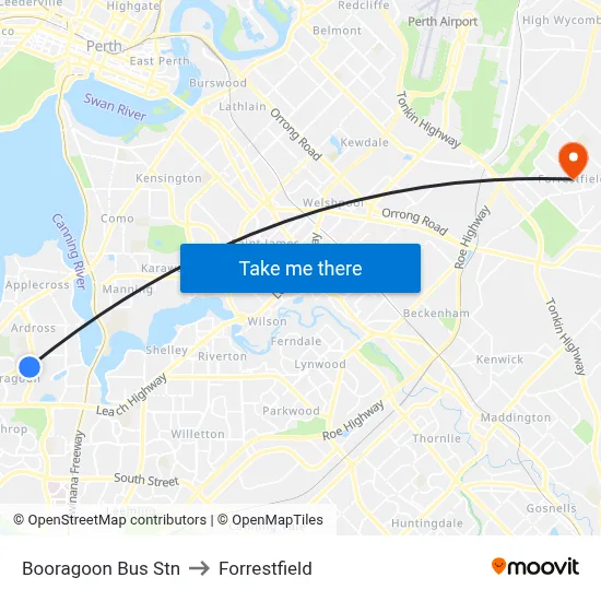 Booragoon Bus Stn to Forrestfield map