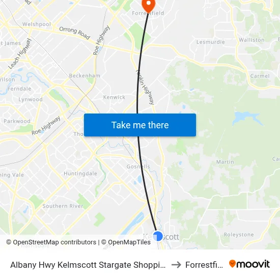 Albany Hwy Kelmscott Stargate Shopping Ctr to Forrestfield map