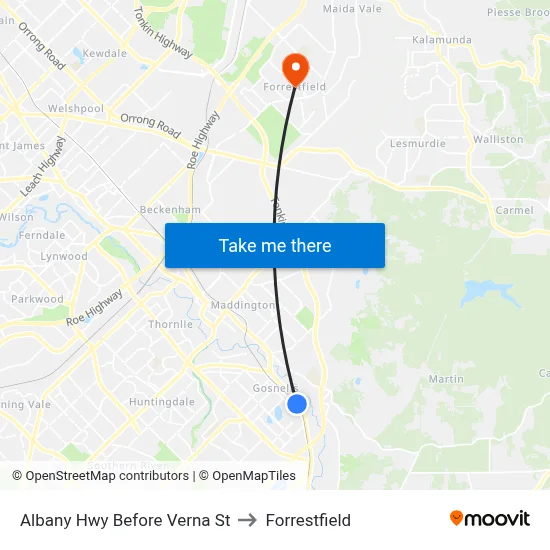 Albany Hwy Before Verna St to Forrestfield map