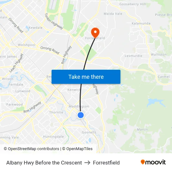 Albany Hwy Before the Crescent to Forrestfield map