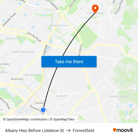 Albany Hwy Before Liddelow St to Forrestfield map