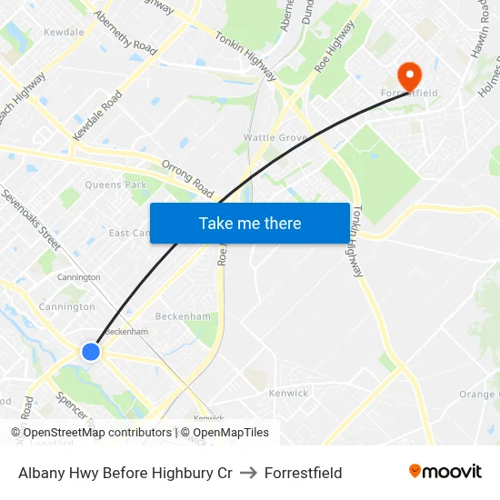 Albany Hwy Before Highbury Cr to Forrestfield map