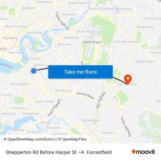 Shepperton Rd Before Harper St to Forrestfield map