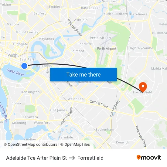 Adelaide Tce After Plain St to Forrestfield map