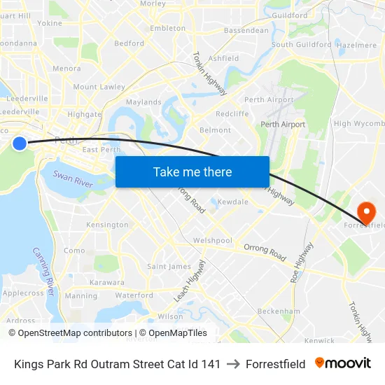 Kings Park Rd Outram Street Cat Id 141 to Forrestfield map