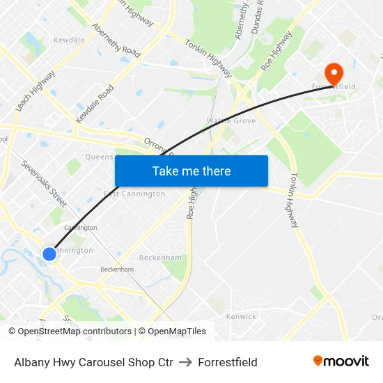 Albany Hwy Carousel Shop Ctr to Forrestfield map